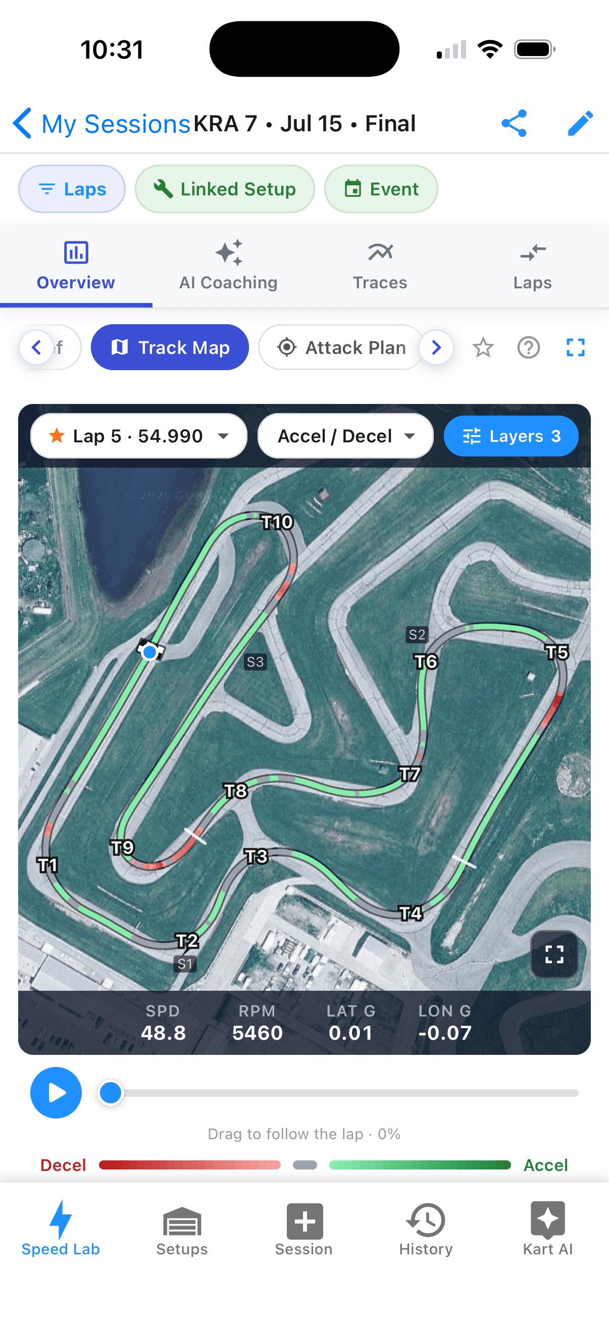 Kart Track mobile app downloading a session over wireless