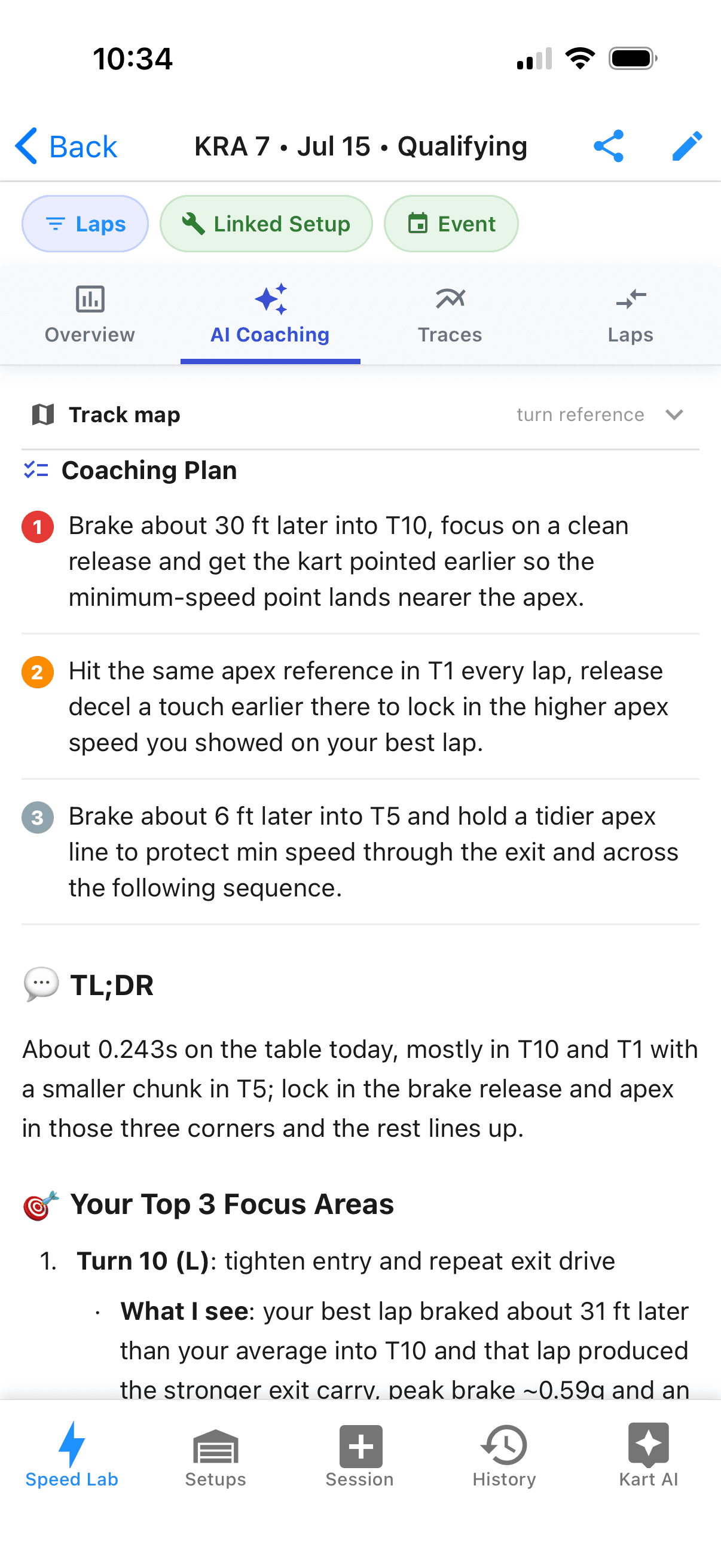 Kart Track app AI coaching plan with the top 3 focus areas for the session
