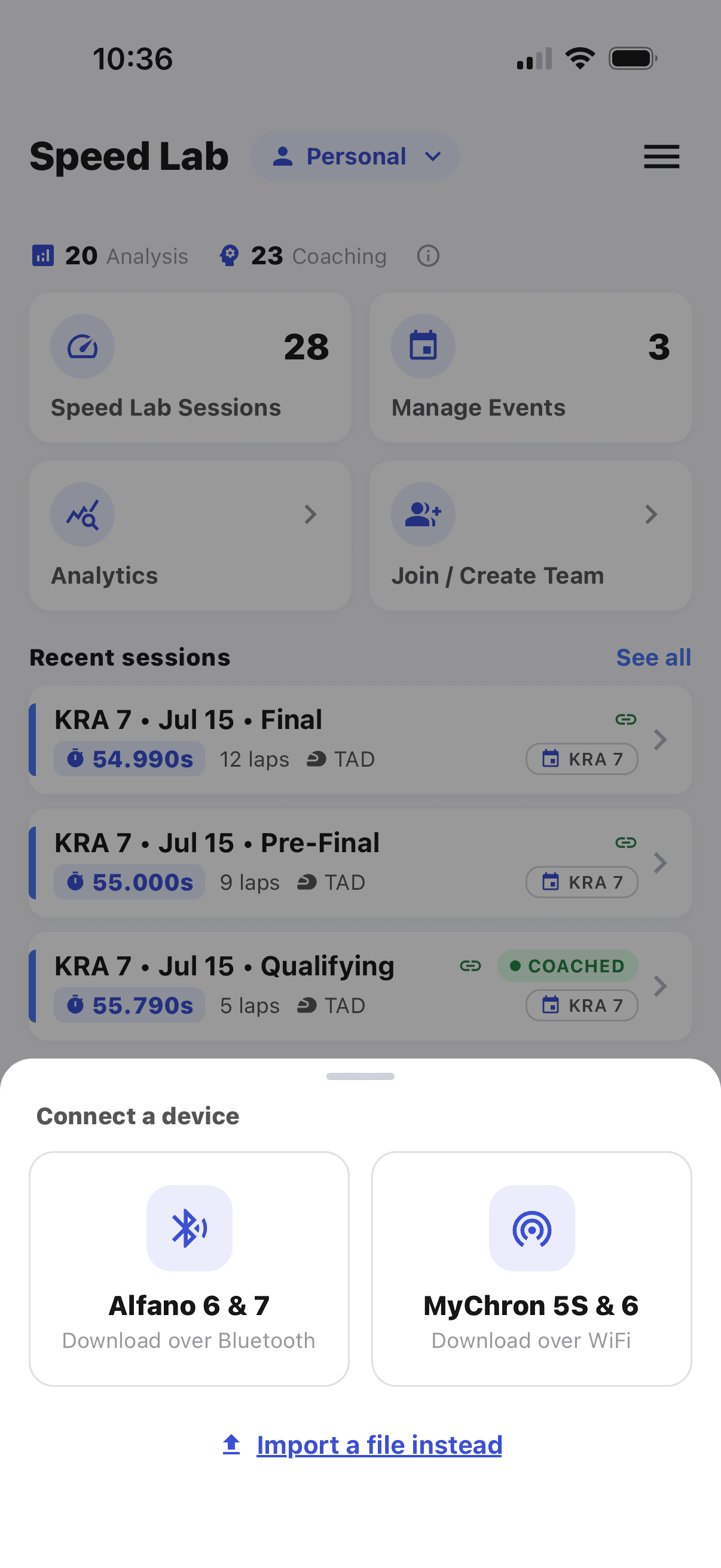 Kart Track app connecting wirelessly to a MyChron to read sessions