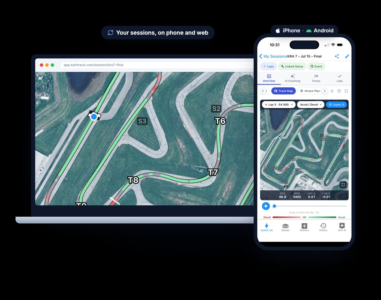 The same Kart Track session on an iPhone, an Android phone, and the web, in sync