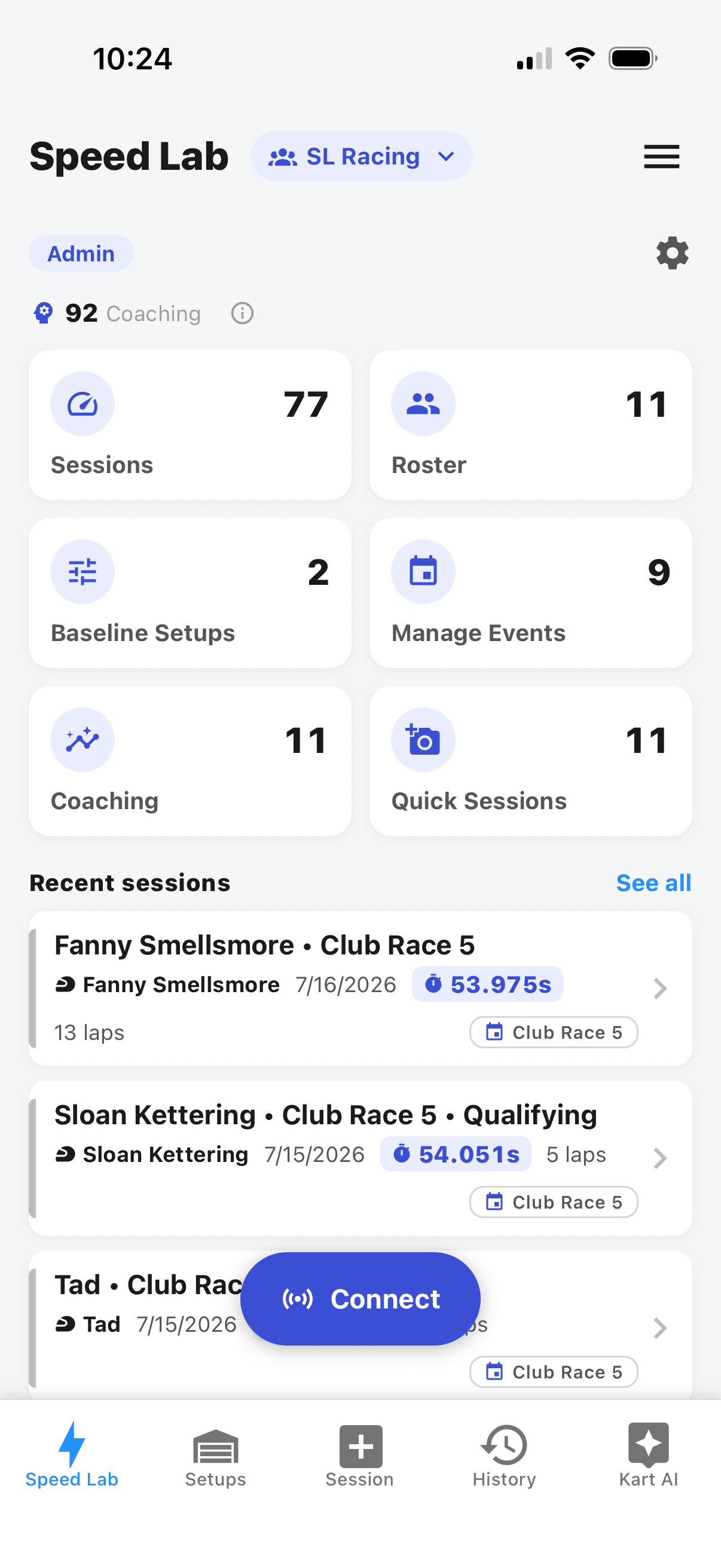 Kart Track app team hub with the roster and shared coaching credits
